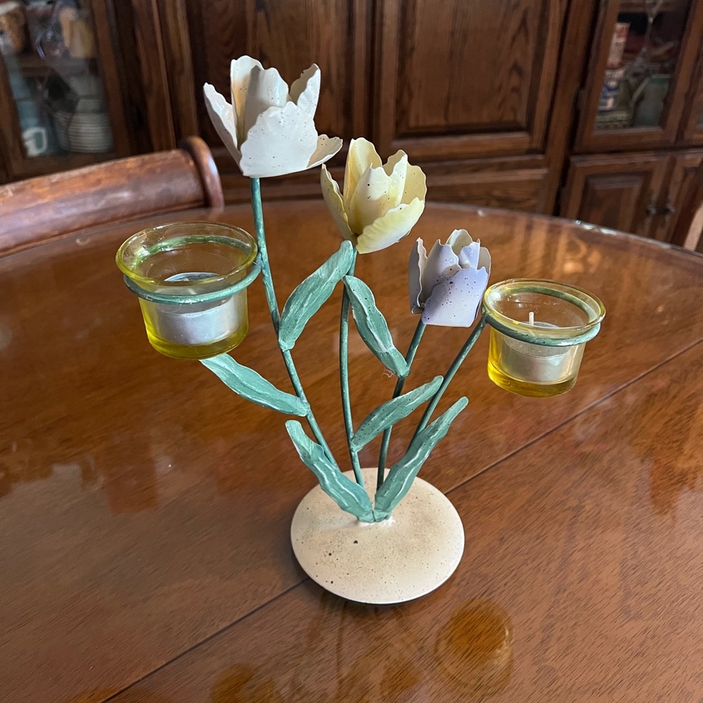 Metal Floral Candle Holder with Cream and Green Accents